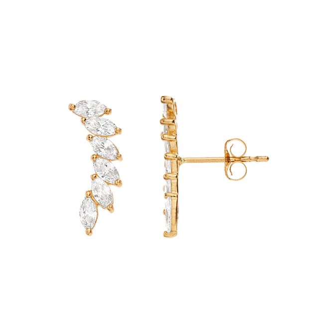 14k Gold Cubic Zirconia Leaf Ear Climber Earrings