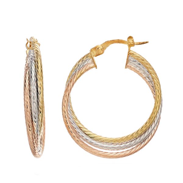 Tri-Tone 14k Gold Twisted Triple Hoop Earrings