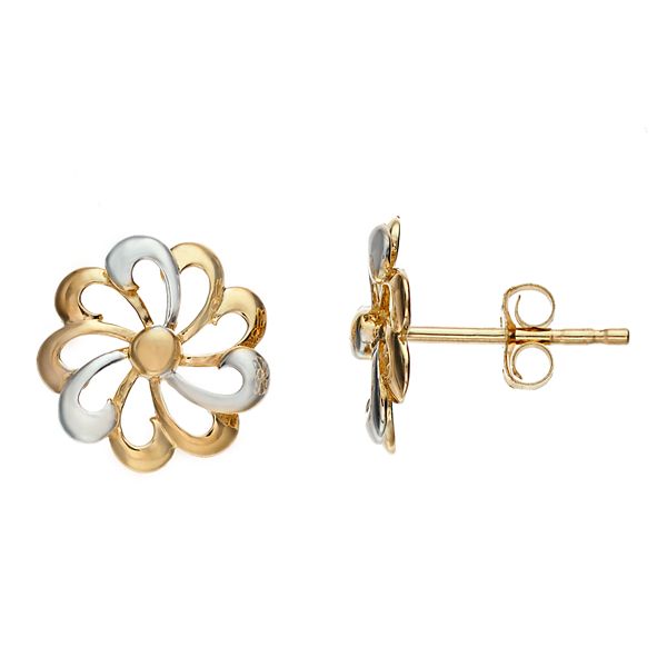 Two Tone 14k Gold Flower Stud Earrings