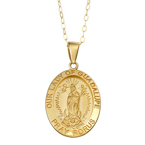 14k Gold Lady of Guadalupe Medal Pendant Necklace
