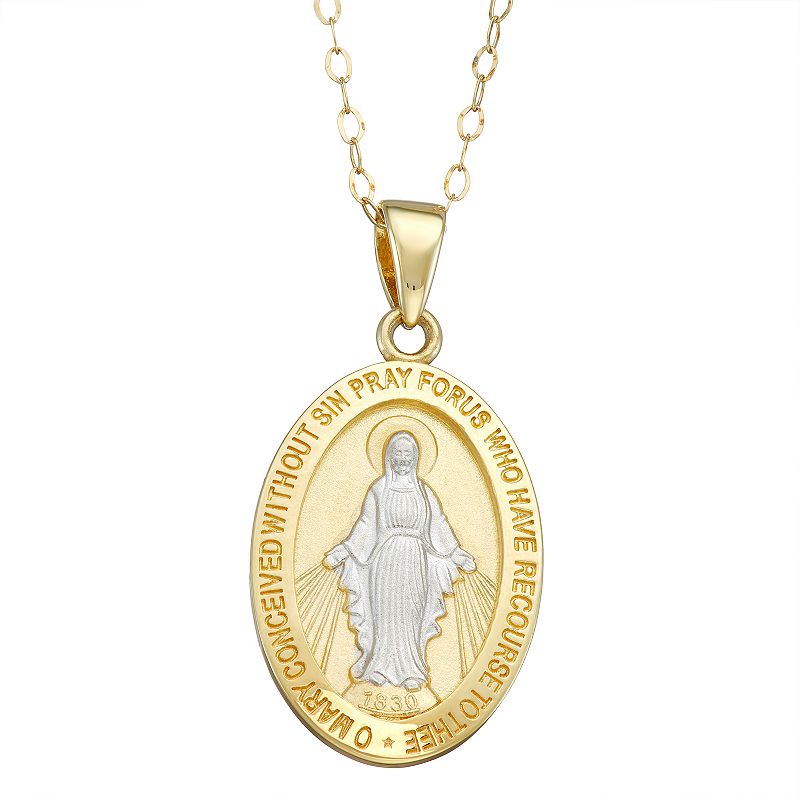 14k Gold Two-Tone Oval Miraculous Medal Pendant Necklace, Womens, Size: 1