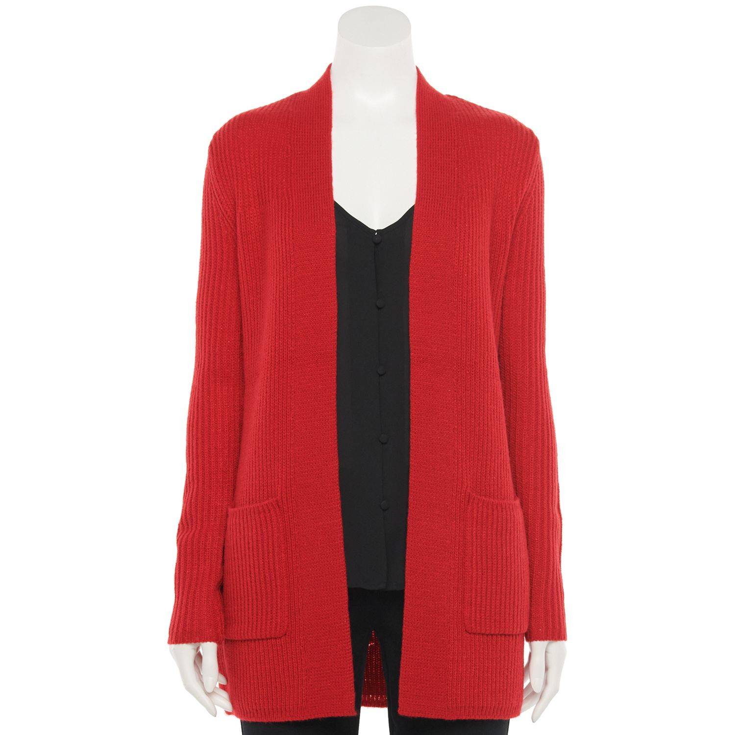 red women's duster sweater