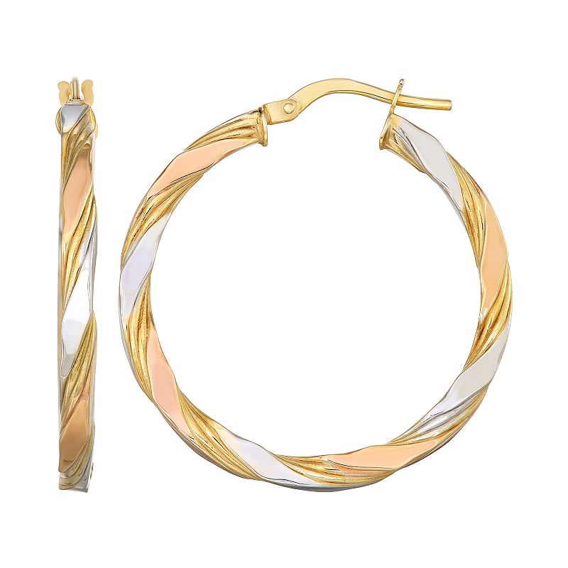 Forever 14K Gold Tri-Tone Twist Hoop Earrings, Womens, Yellow