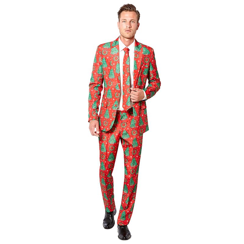 Mens Suitmeister Slim-Fit Holiday Suit & Tie Set, Size: XL, Med Red