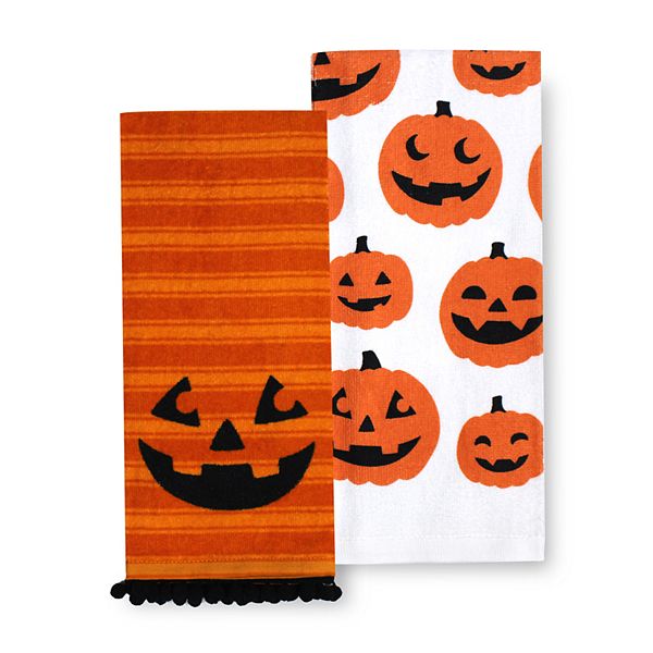 Kohls Celebrate Halloween Kitchen Towel Set 2 Orange Burlap Jack-o-lantern NWT 