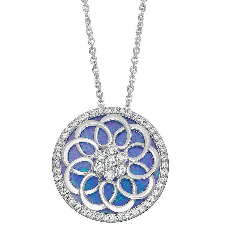 Sterling Silver Lab-Created Opal & Cubic Zirconia Disc Pendant Necklace, W