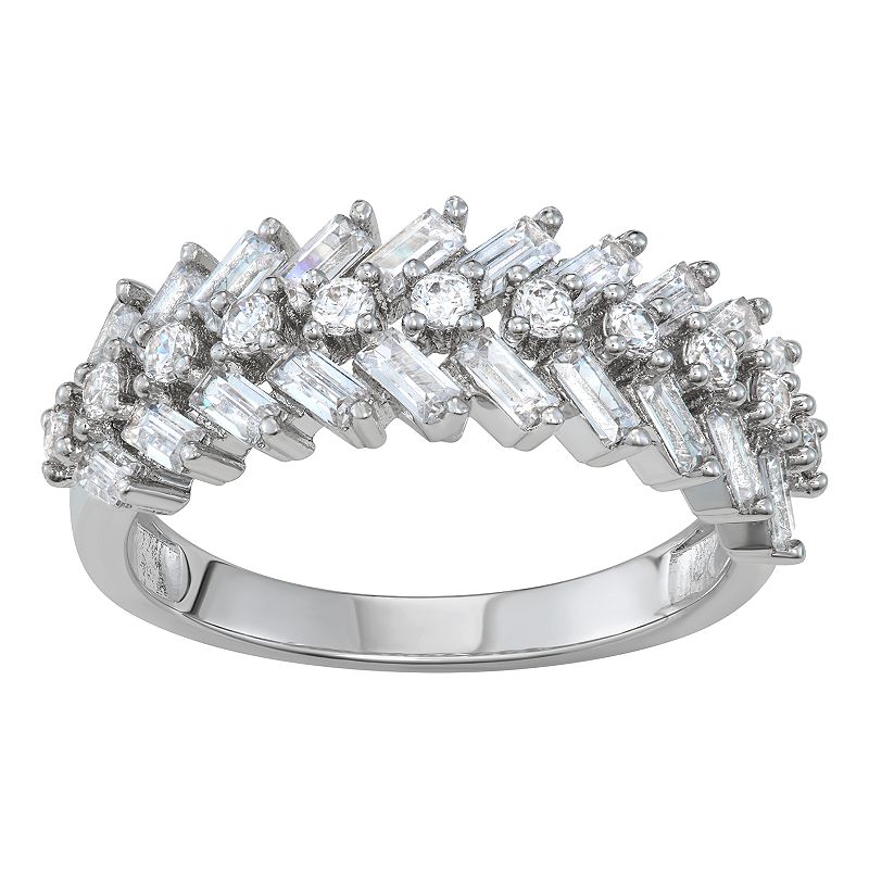 Sterling Silver Cubic Zirconia Baguette Double Band Ring, Womens, Size: 6,