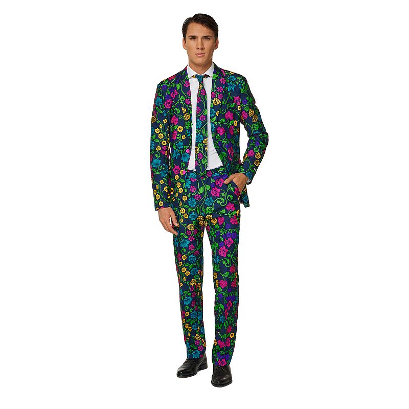 Mens Suitmeister Slim-Fit Floral Flower Suit & Tie Set, Size: Medium, Mult