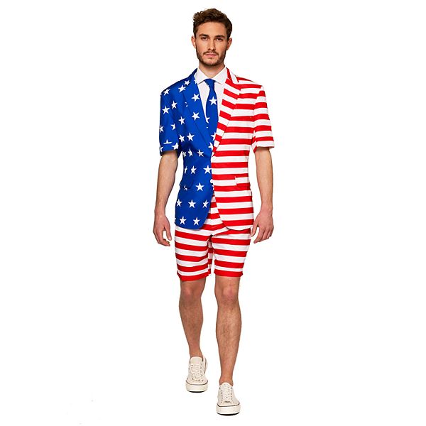 Men's Suitmeister American Flag Summer Suit & Tie Set