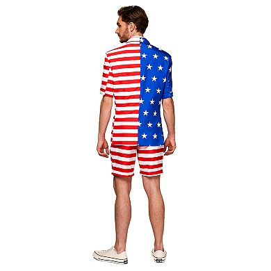 Men's Suitmeister American Flag Summer Suit & Tie Set