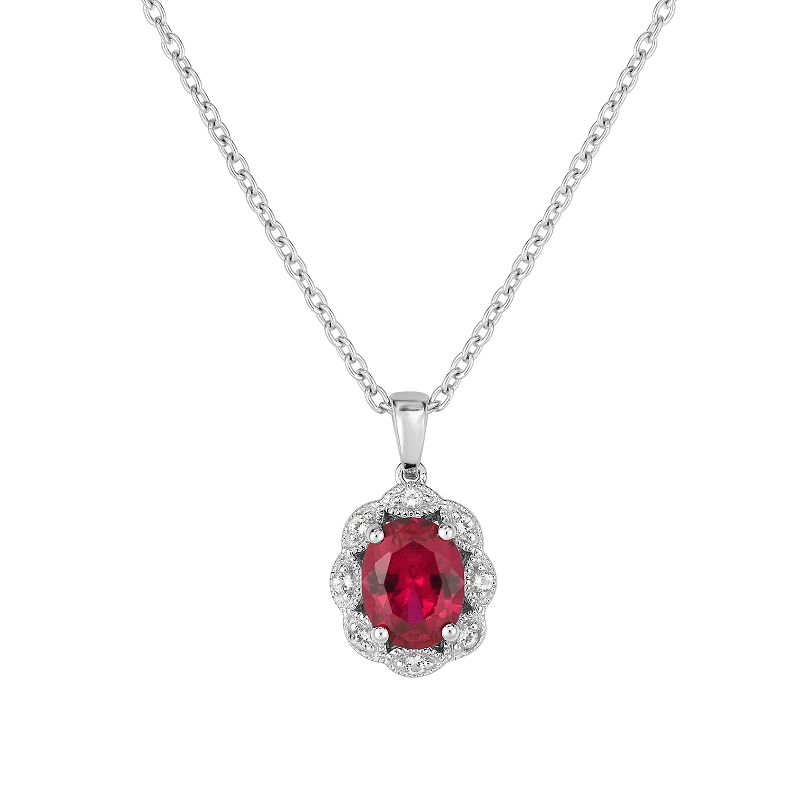 Sterling Silver Lab-Created Gemstone & White Topaz Oval Halo Pendant, Women's, Size: 18", Created Red