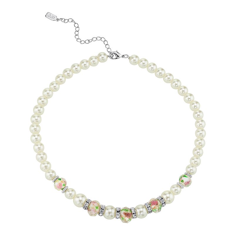 1928 Floral Bead Necklace, Womens, White