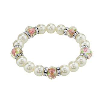 1928 Flower Bead & Simulated Crystal Stretch Bracelet