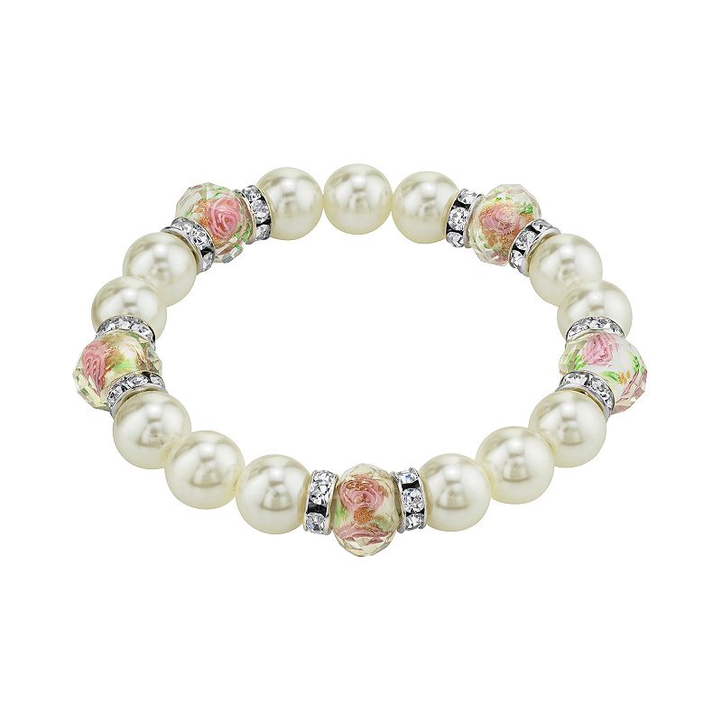 1928 Flower Bead & Simulated Crystal Stretch Bracelet, Womens, White
