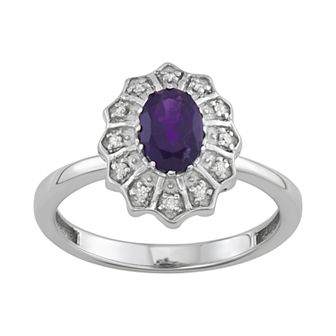 Jewelexcess 0.80 ct Amethyst Gemstone & 1/10 ct White Diamond Sterling Silver Ring