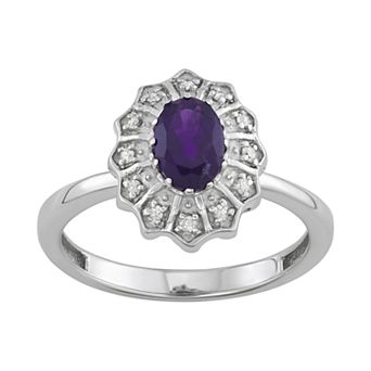 Jewelexcess 0.80 ct Amethyst Gemstone & 1/10 ct White Diamond Sterling Silver Ring