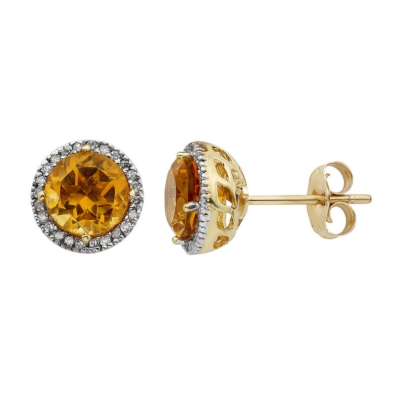 Citrine 10K Gold and 1/8 Carat T.W. Diamond Round-Cut Halo Stud Earrings, W