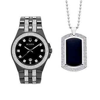 Bulova Men's Crystal Watch & Dog Tag Necklace Set - 98K101