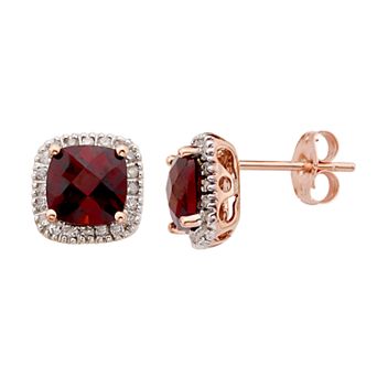 Garnet and 1/6 Carat T.W. Diamond 10K Gold Halo Button Stud Earrings