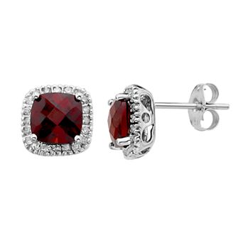 Garnet and 1/6 Carat T.W. Diamond 10K Gold Halo Button Stud Earrings