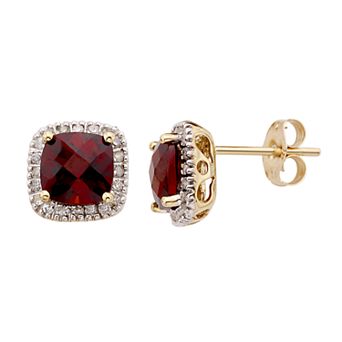 Garnet and 1/6 Carat T.W. Diamond 10K Gold Halo Button Stud Earrings