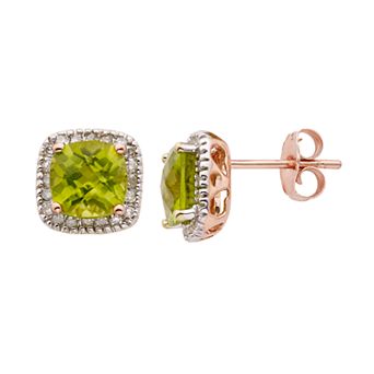 Peridot and 1/6 Carat T.W. Diamond 10K Rose Gold Halo Button Stud Earrings