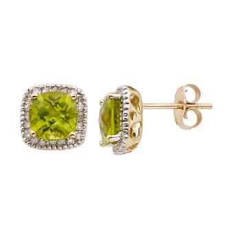 Peridot and 1/6 Carat T.W. Diamond 10K Rose Gold Halo Button Stud Earrings