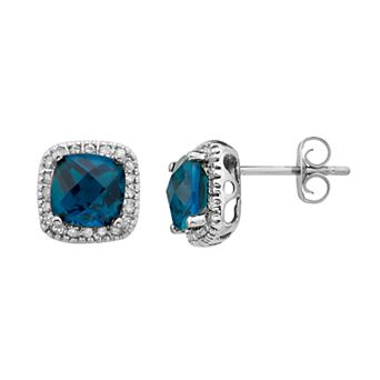 London Blue Topaz and 1/6 Carat T.W. Diamond 10K Gold Halo Button Stud Earrings