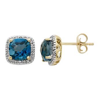 London Blue Topaz and 1/6 Carat T.W. Diamond 10K Gold Halo Button Stud Earrings