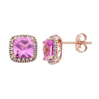 Lab-Created Pink Sapphire and 1/6 Carat T.W. Diamond 10K Gold Halo Button Stud Earrings
