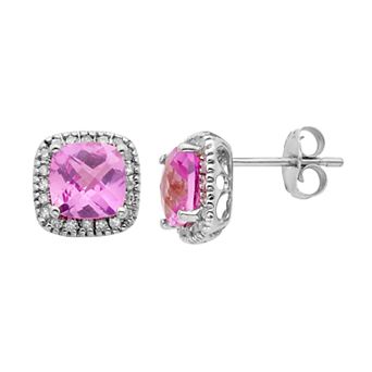 Lab-Created Pink Sapphire and 1/6 Carat T.W. Diamond 10K Gold Halo Button Stud Earrings