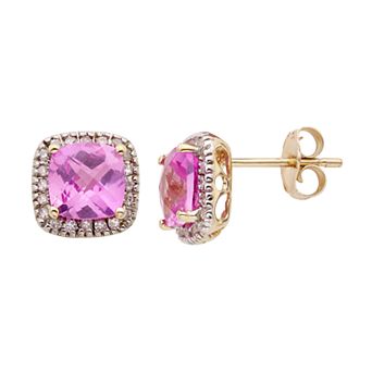Lab-Created Pink Sapphire and 1/6 Carat T.W. Diamond 10K Gold Halo Button Stud Earrings