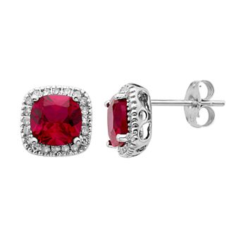 Lab-Created Ruby and 1/6 Carat T.W. Diamond 10K Gold Halo Button Stud Earrings