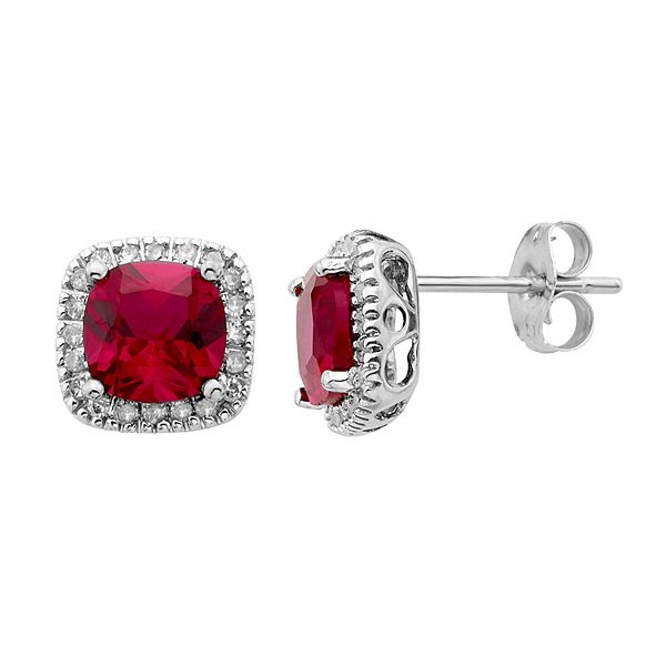 Lab-Created Ruby and 1/6 Carat T.W. Diamond 10K Gold Halo Button Stud ...