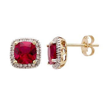 Lab-Created Ruby and 1/6 Carat T.W. Diamond 10K Gold Halo Button Stud Earrings