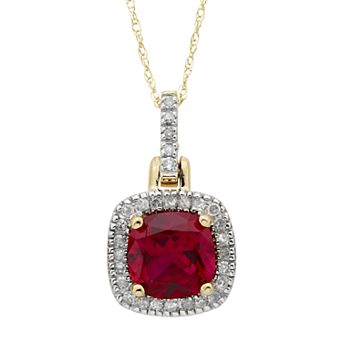 10k Gold Lab-Created Ruby & 1/8 Carat T.W. Diamond Halo Pendant Necklace