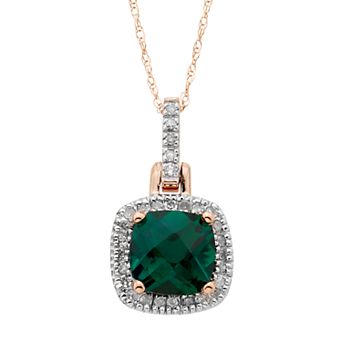 10k Gold Lab-Created Emerald & 1/8 Carat T.W. Diamond Halo Pendant Necklace