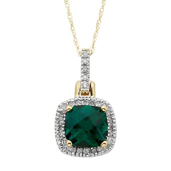 10k Gold Lab-Created Emerald & 1/8 Carat T.W. Diamond Halo Pendant Necklace