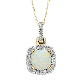 Lab-Created Opal & 1/8 Carat T.W. Diamond 10k Gold Halo Pendant Necklace