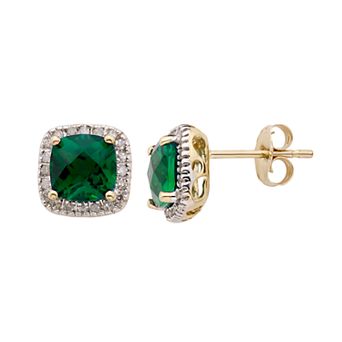 Lab-Created Emerald and 1/6 Carat T.W. Diamond 10K Gold Halo Button Stud Earrings