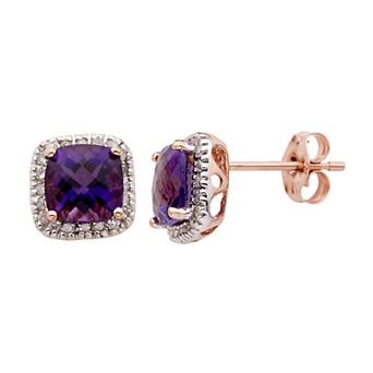 Amethyst and 1/6 Carat T.W. Diamond 10K Gold Halo Button Stud Earrings