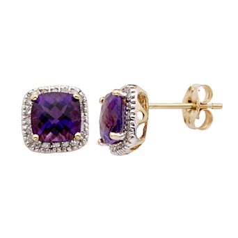 Amethyst and 1/6 Carat T.W. Diamond 10K Gold Halo Button Stud Earrings