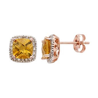 Citrine and 1/6 Carat T.W. Diamond 10K Gold Halo Button Stud Earrings