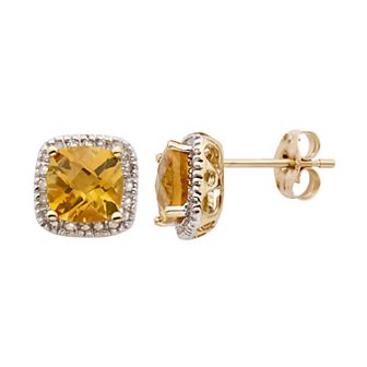 Citrine and 1/6 Carat T.W. Diamond 10K Gold Halo Button Stud Earrings