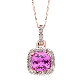 Lab-Created Pink Sapphire & 1/8 Carat T.W. Diamond 10k Gold Halo Pendant Necklace