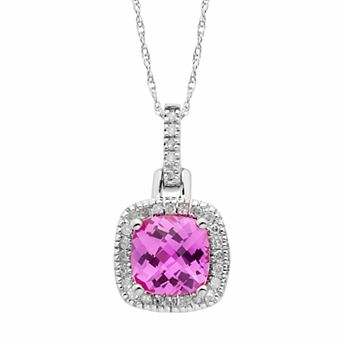 Lab-Created Pink Sapphire & 1/8 Carat T.W. Diamond 10k Gold Halo Pendant Necklace