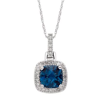 London Blue Topaz & 1/8 Carat T.W. Diamond 10k Gold Halo Pendant Necklace