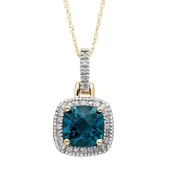 London Blue Topaz & 1/8 Carat T.W. Diamond 10k Gold Halo Pendant Necklace