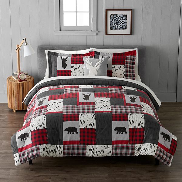 Patchwork Cuddl Duds quilt set Red Queen Gray King/Cal King Flannel 3 piece 