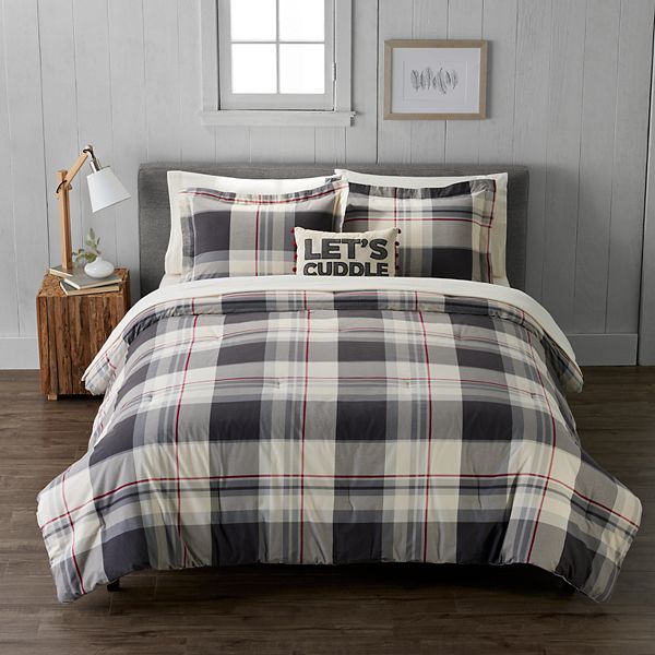 Cuddl Duds Gray  Plaid Flannel 4-Pc Full/Queen Comforter Set w/Faux Fur Pillow 